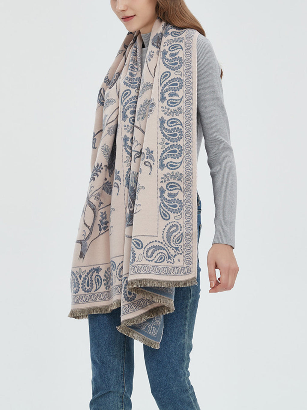 Winter Warm Toile Trendy De Jouy Tassel Scarf LightBlue / One Size Scarves