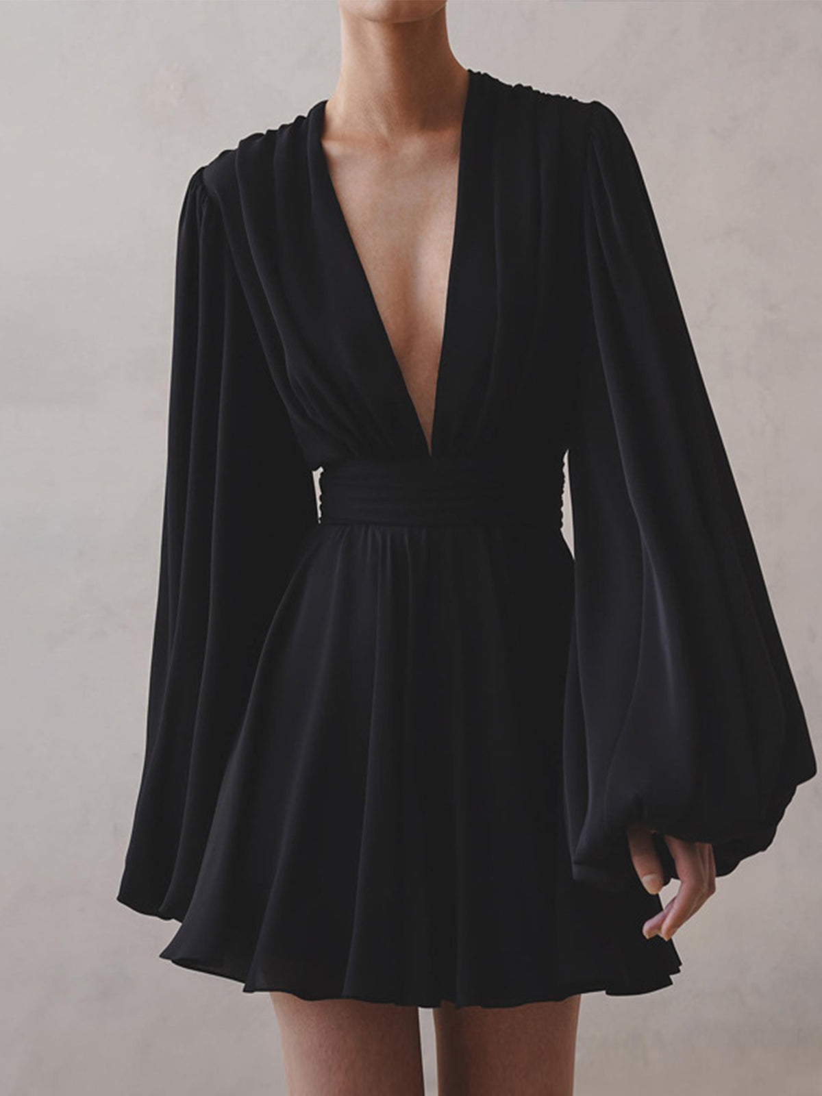 Chiffon Low Cut V neck Modern Pleated Zip Mini Dress Black / XS Dresses Main image