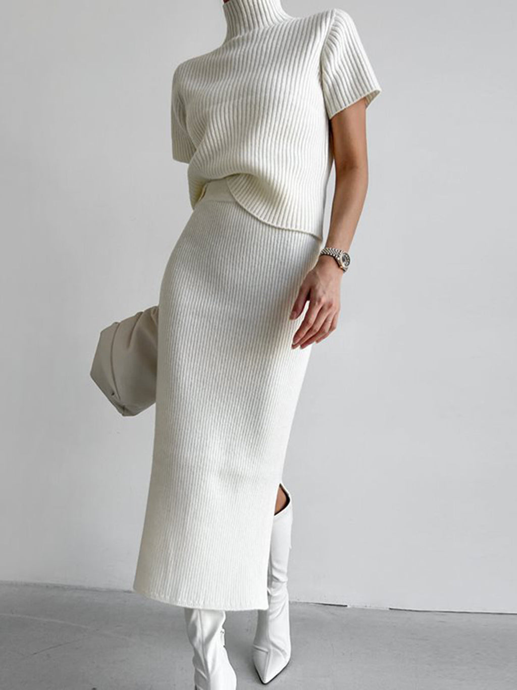 Solid High Neck Split Ribbed Classic Knit Two Pieces Skirt Set Sweaters L