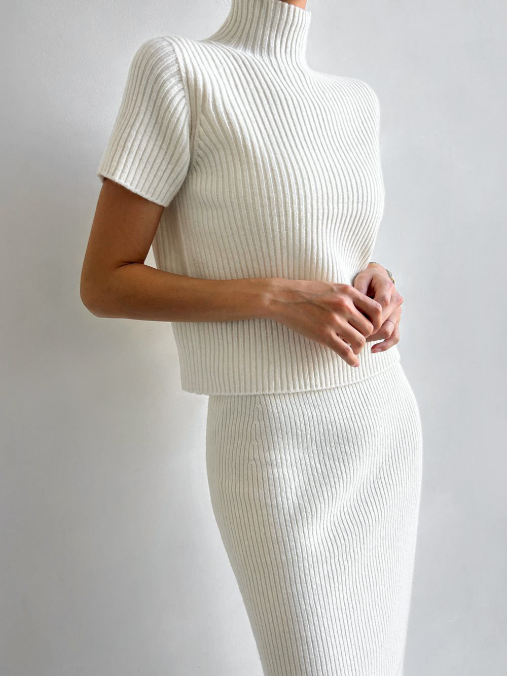 Solid High Neck Split Ribbed Classic Knit Two Pieces Skirt Set Sweaters L