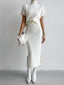 Solid High Neck Split Ribbed Classic Knit Two Pieces Skirt Set White / XS Sweaters L