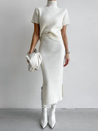 Solid High Neck Split Ribbed Classic Knit Two Pieces Skirt Set White / XS Sweaters L