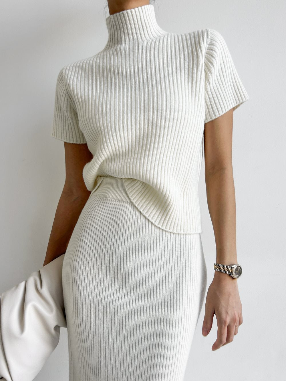 Solid High Neck Split Ribbed Classic Knit Two Pieces Skirt Set Sweaters L