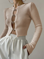 Cutout Split Beads Trendy Detail Ribbed Knit Top LightYellow / XS Sweaters L