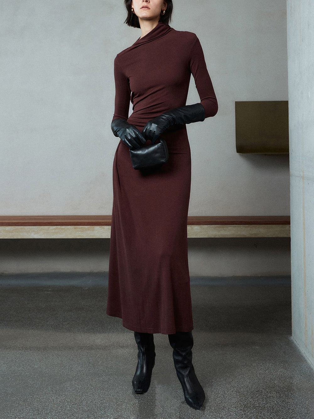 Bodycon Asymmetrical Neck Long Modern Sleeve Ruched Maxi Dress Dresses