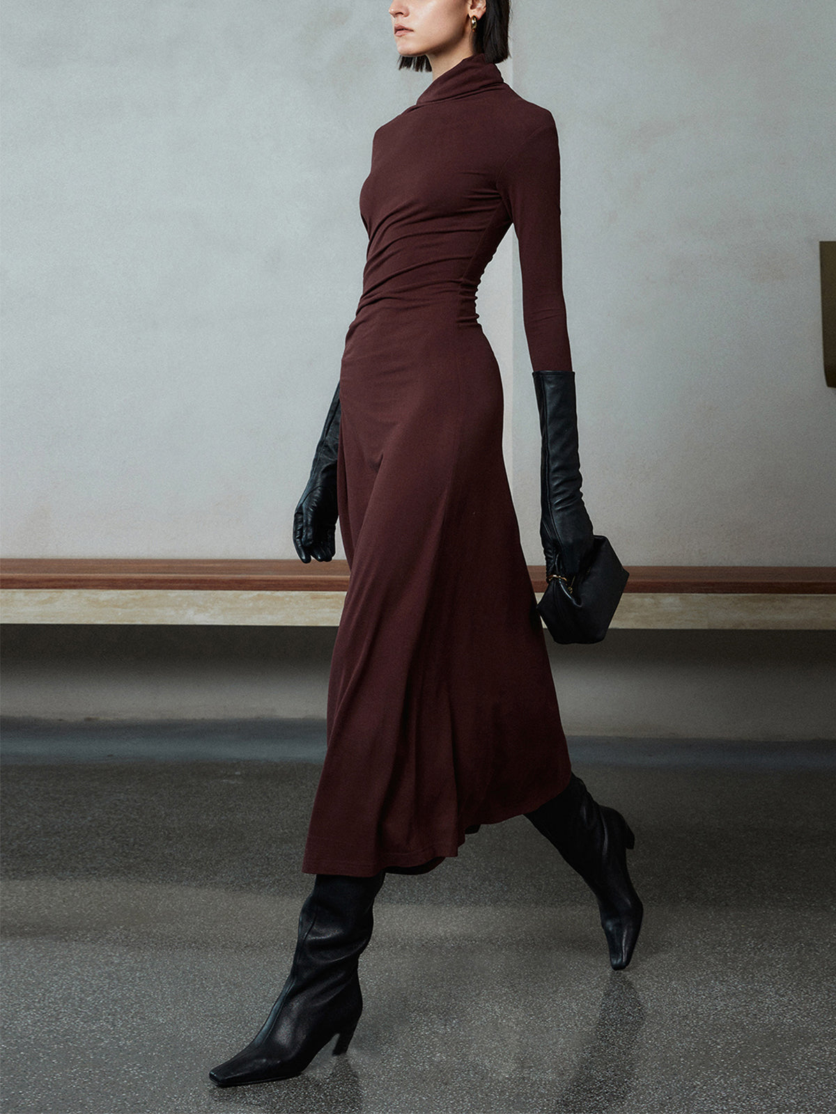 Bodycon Asymmetrical Neck Long Modern Sleeve Ruched Maxi Dress Secondary image