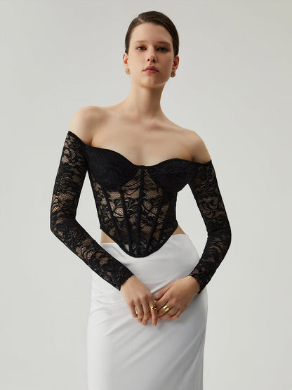 Semi-sheer Lace Off Shoulder Modern Cup Detail Corset Cop Top