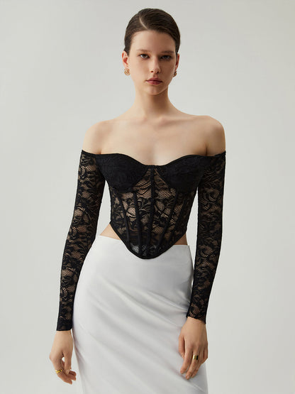 Semi-sheer Lace Off Shoulder Modern Cup Detail Corset Cop Top