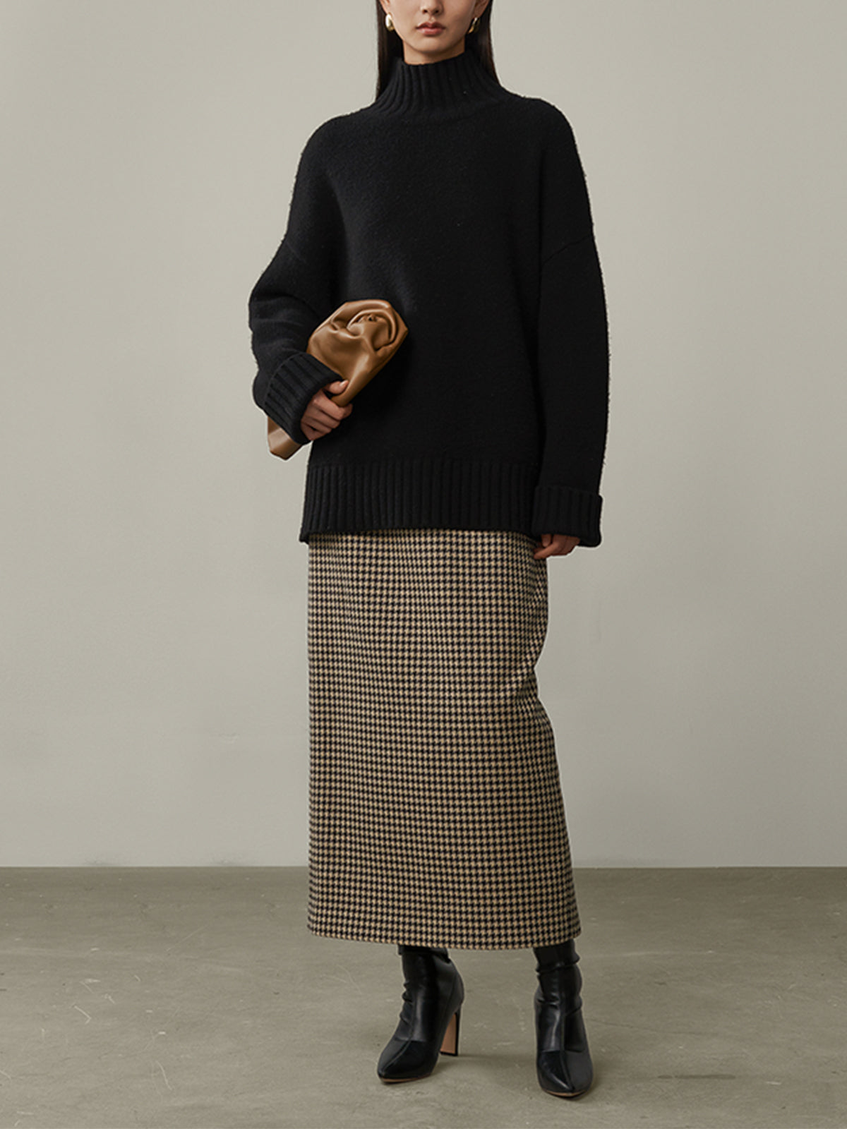 High Waist Graceful Houndstooth Midi Skirt