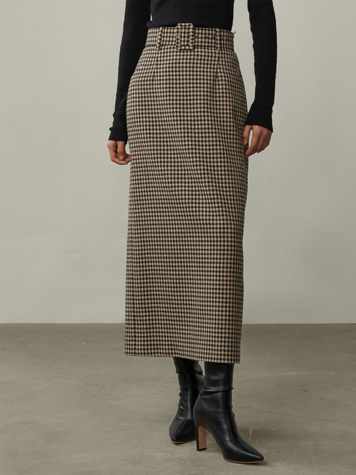 High Waist Graceful Houndstooth Midi Skirt