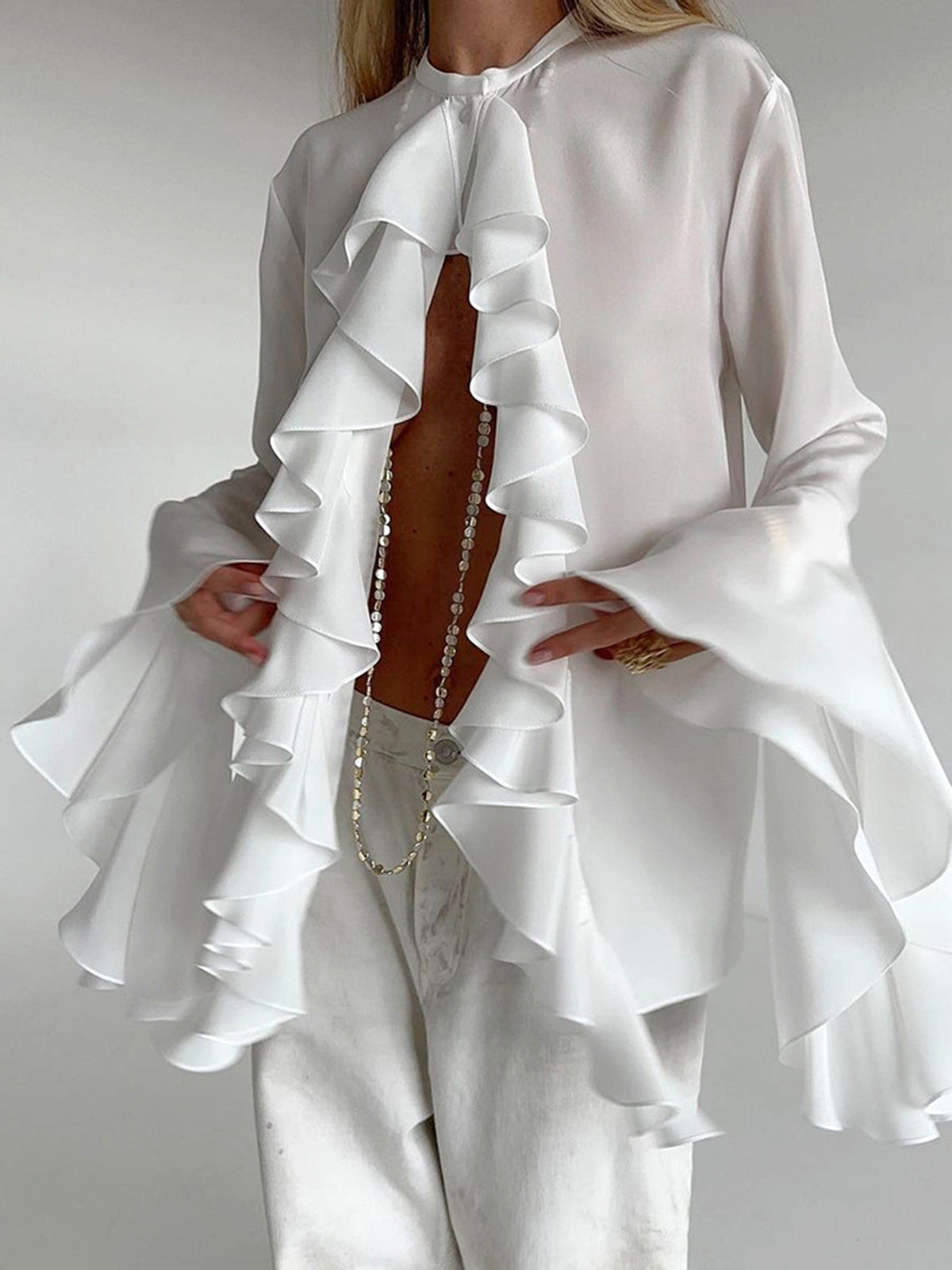 Semi sheer Chiffon Graceful Ruffled Trim Blouse Blouses