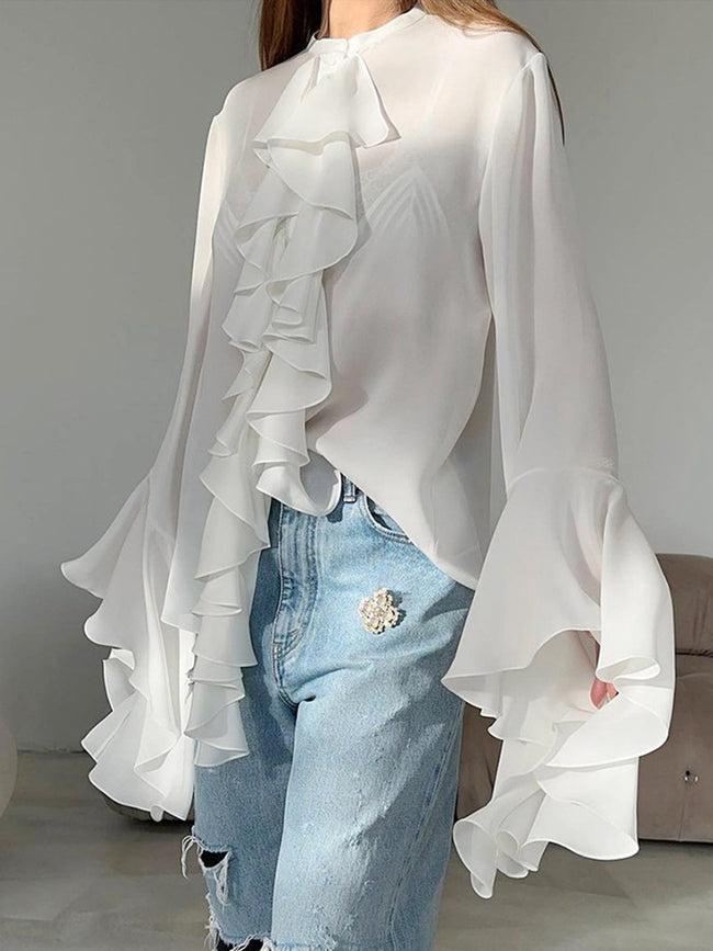 Semi sheer Chiffon Graceful Ruffled Trim Blouse White / S Blouses Main image