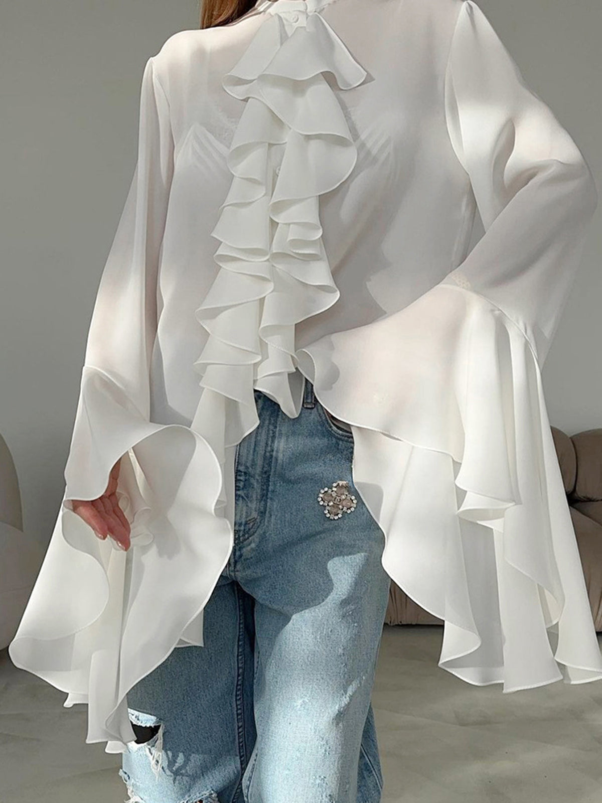 Semi sheer Chiffon Graceful Ruffled Trim Blouse Blouses
