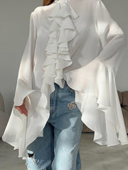 Semi sheer Chiffon Graceful Ruffled Trim Blouse Blouses