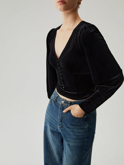 Velvet Buttoned V-neck Trendy Long Sleeve Crop Top