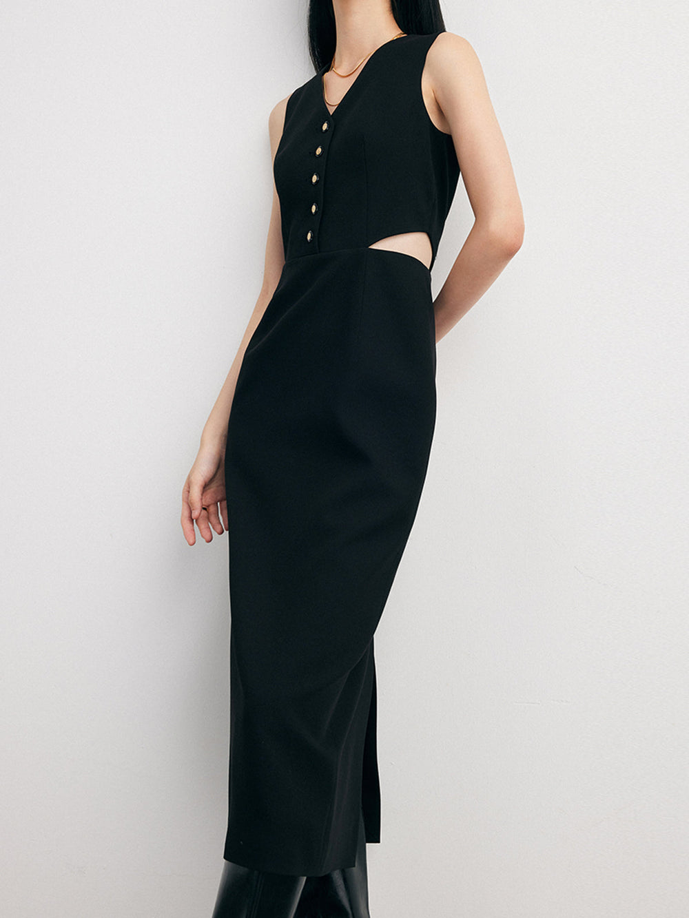 Solid Cut Out Trendy Buttoned Midi Vest Dress Black / S Dresses