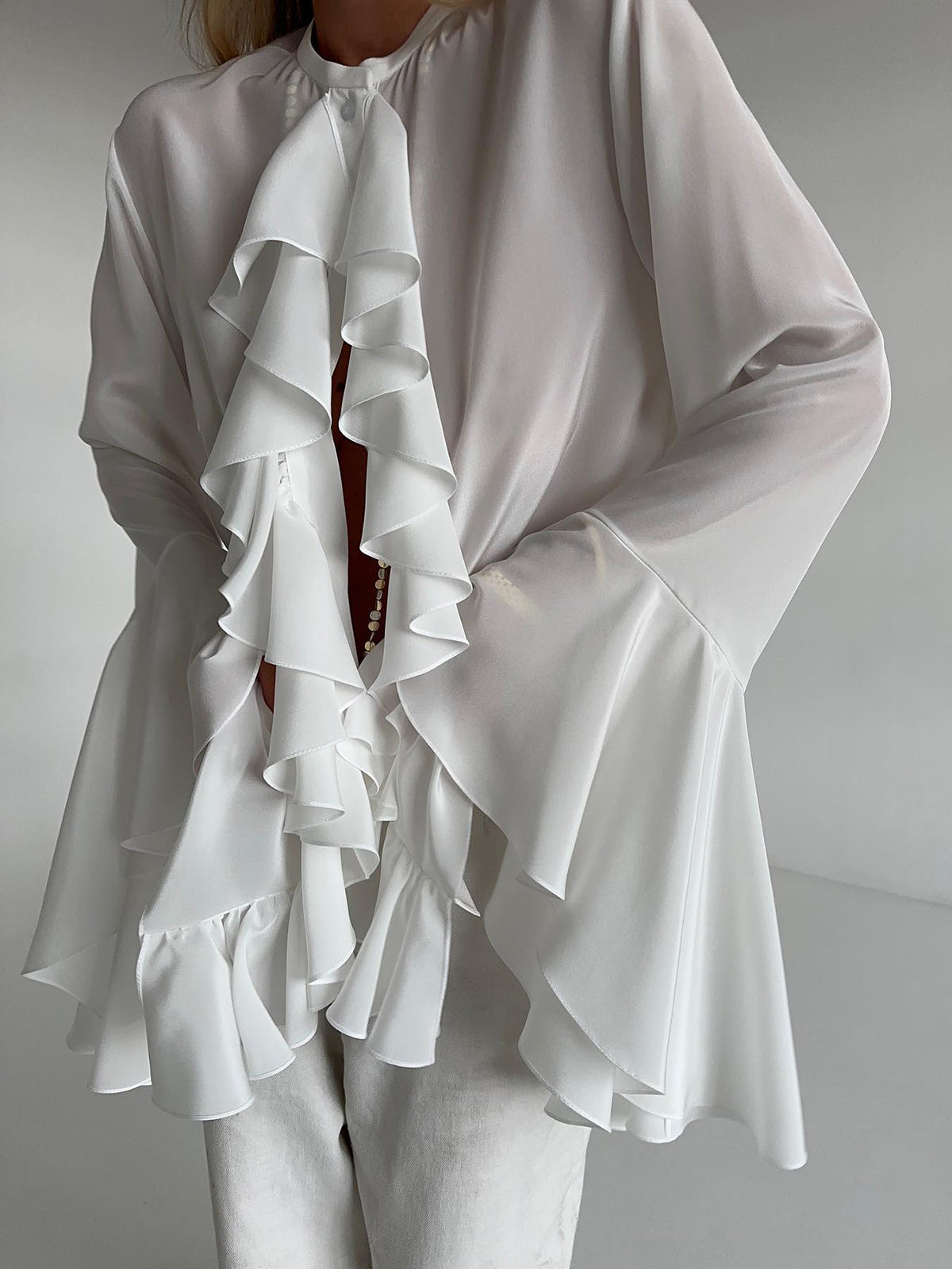 Semi sheer Chiffon Graceful Ruffled Trim Blouse Blouses