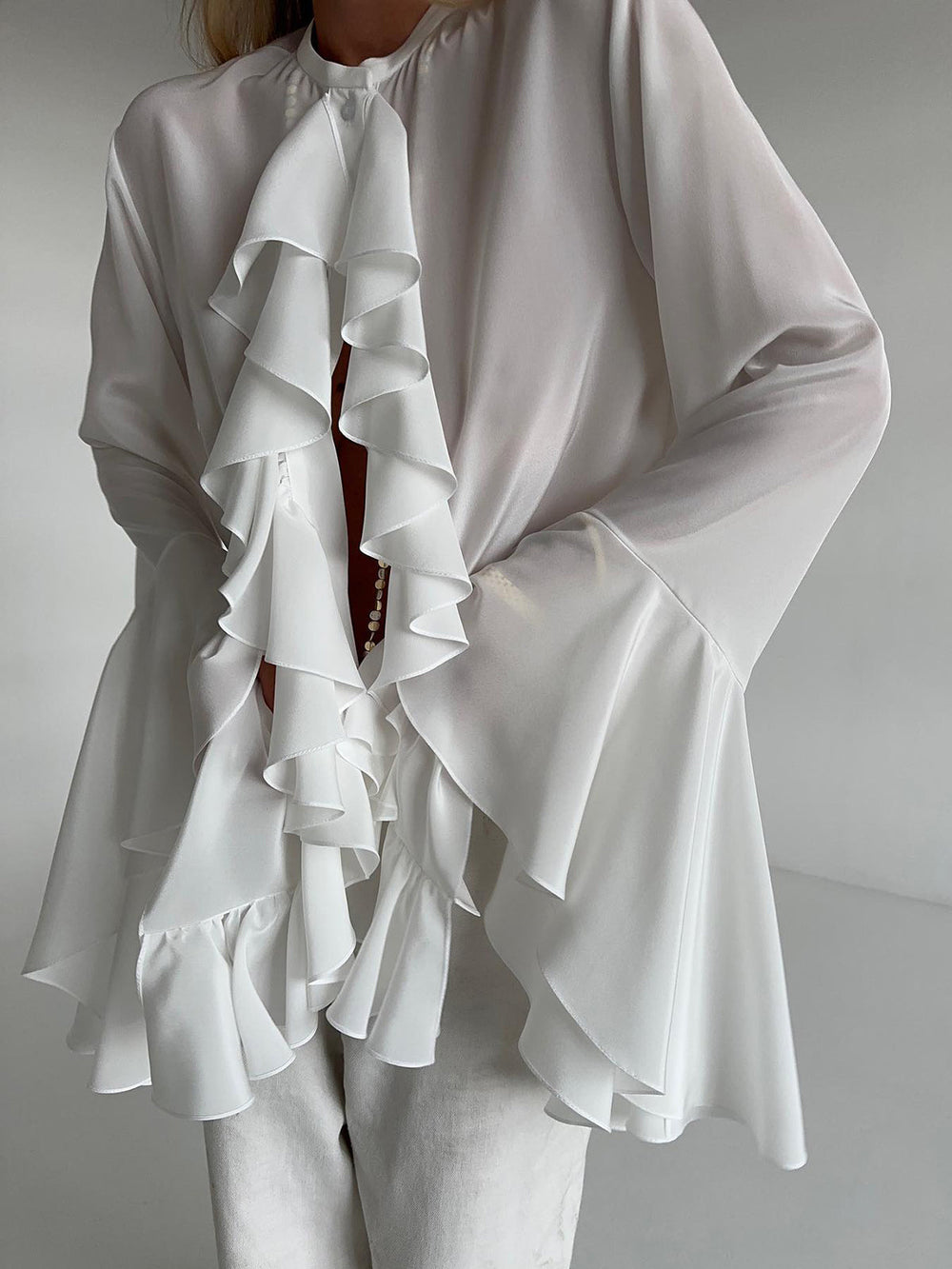 Semi sheer Chiffon Graceful Ruffled Trim Blouse Blouses