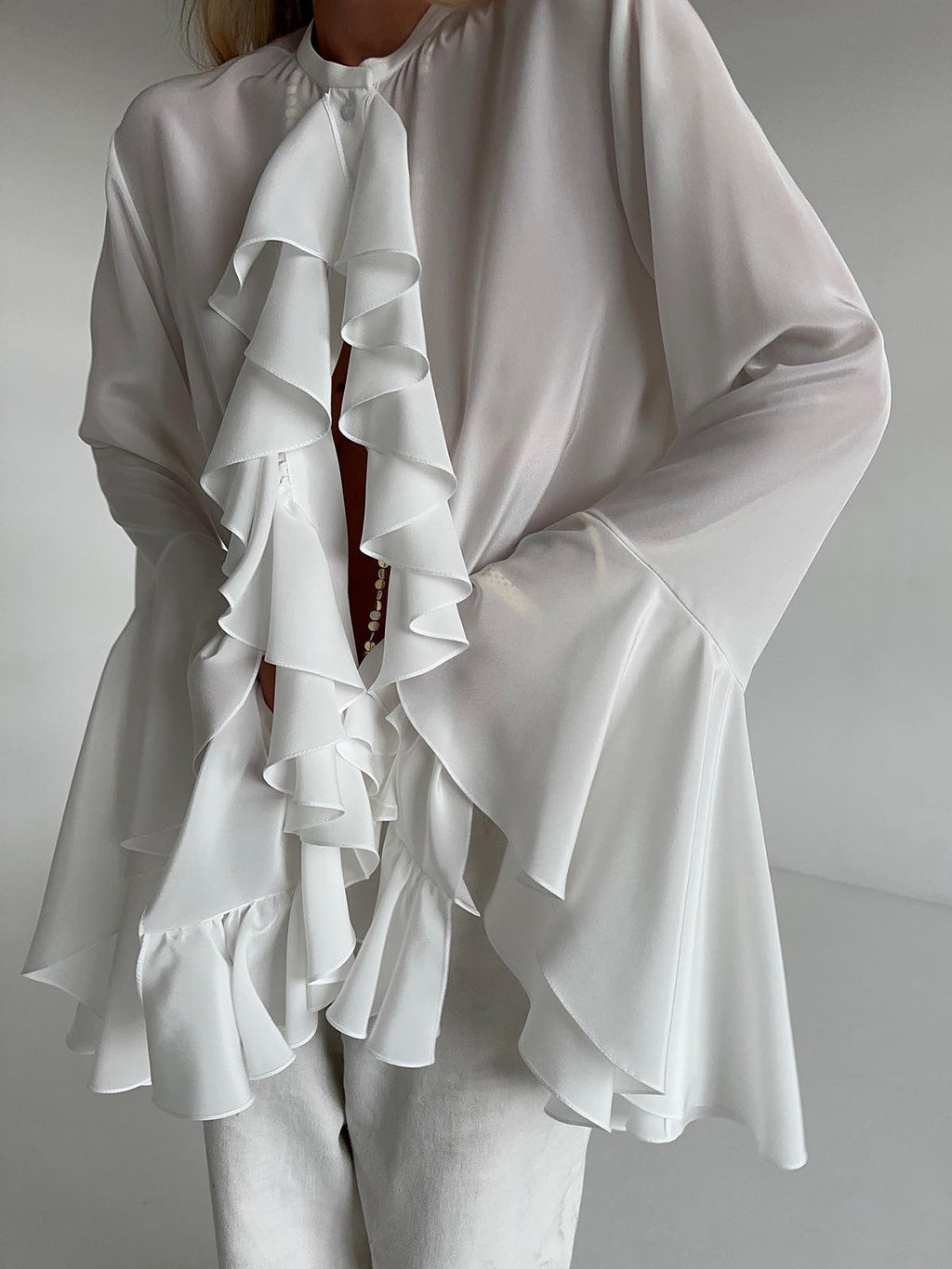 Semi sheer Chiffon Graceful Ruffled Trim Blouse Blouses
