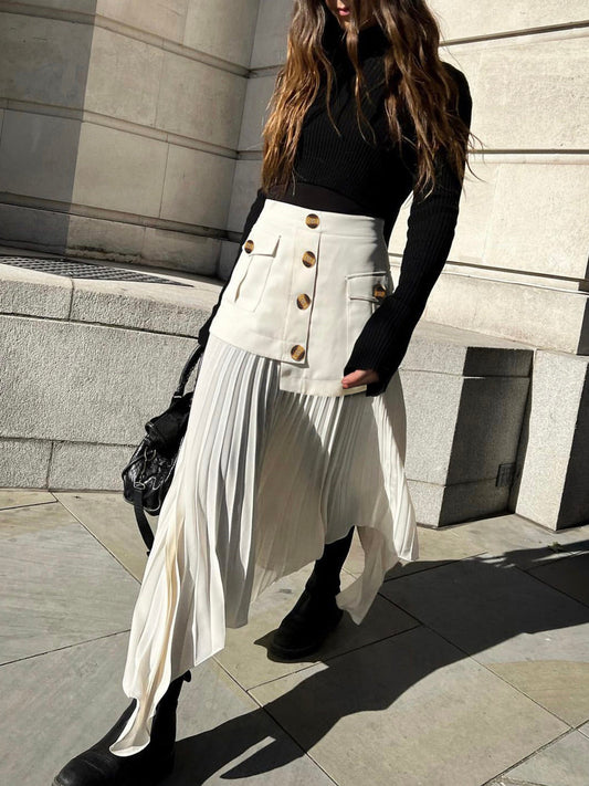 Patchwork Asymmetrical Pleated Trendy Buttoned Midi Skirt