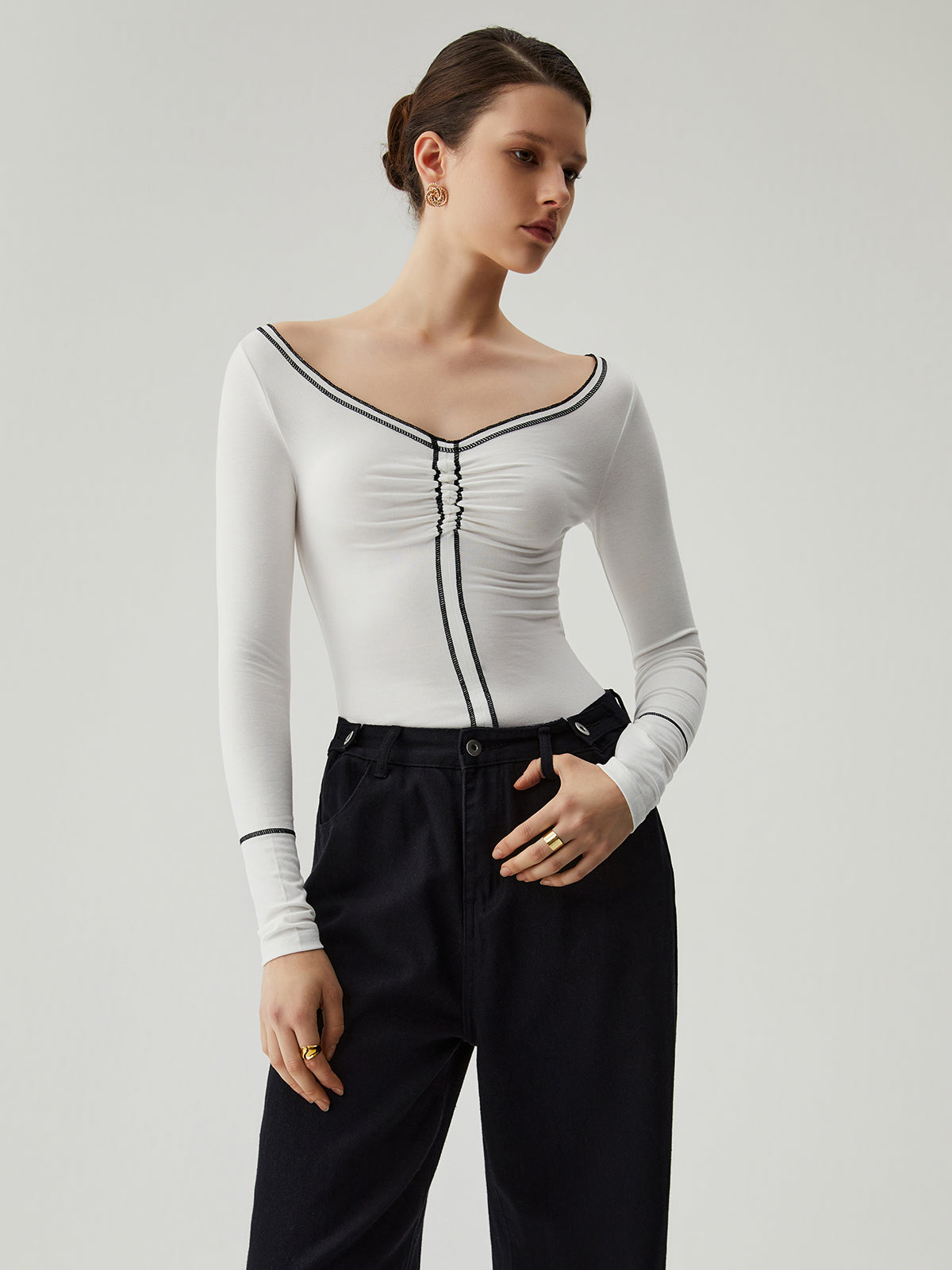 Slinky Boat Neck Trendy Contrast Trim Top