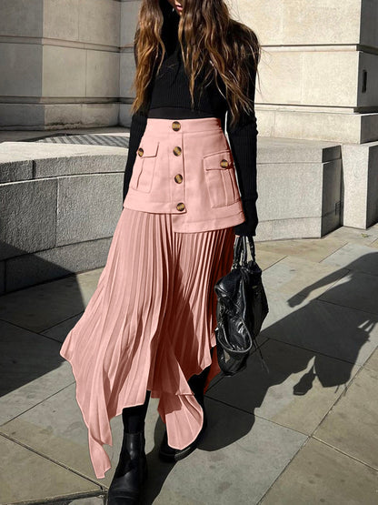 Patchwork Asymmetrical Pleated Trendy Buttoned Midi Skirt