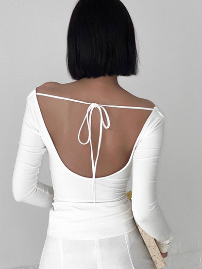 Solid Tied Open Back Modern Long Sleeve Slinky Top