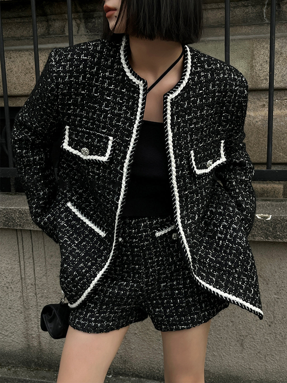 Wool blend Tweed Graceful Contrast Trim Jacket Black / XS Jackets