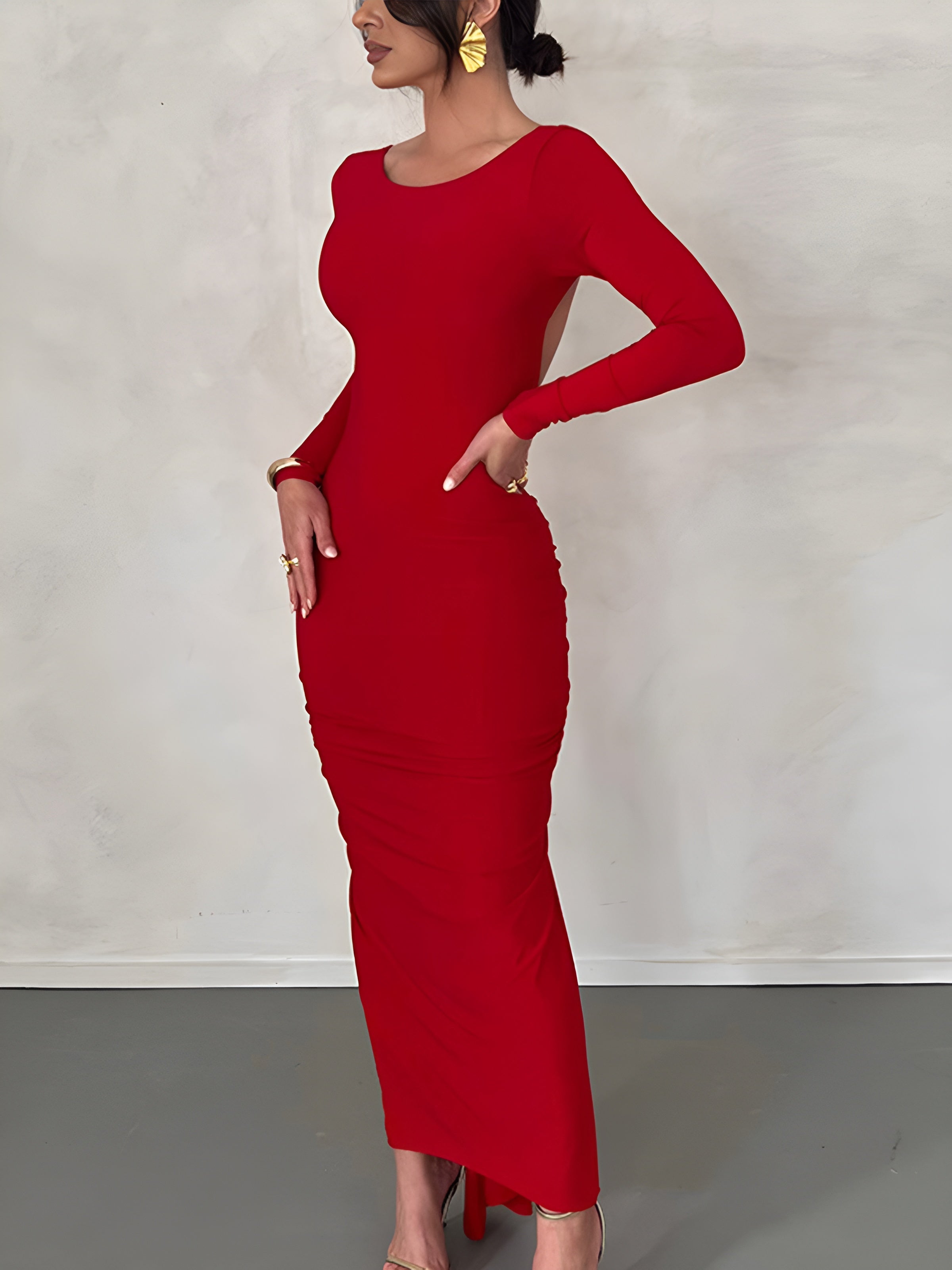 Ruched Open Back Trendy Long Sleeve Maxi Dress Secondary image