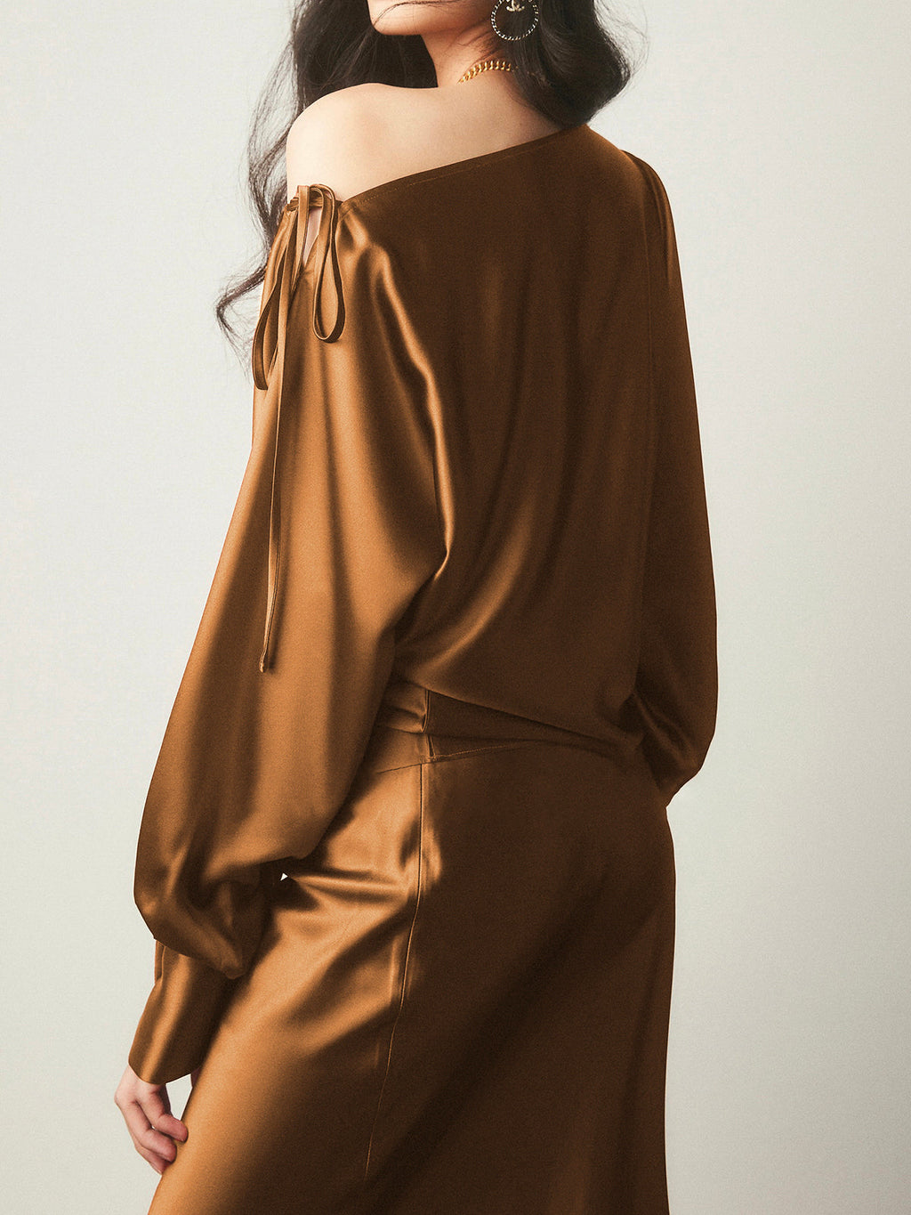 Satin Asymmetrical Cold Trendy Shoulder Tied Blouse Blouses