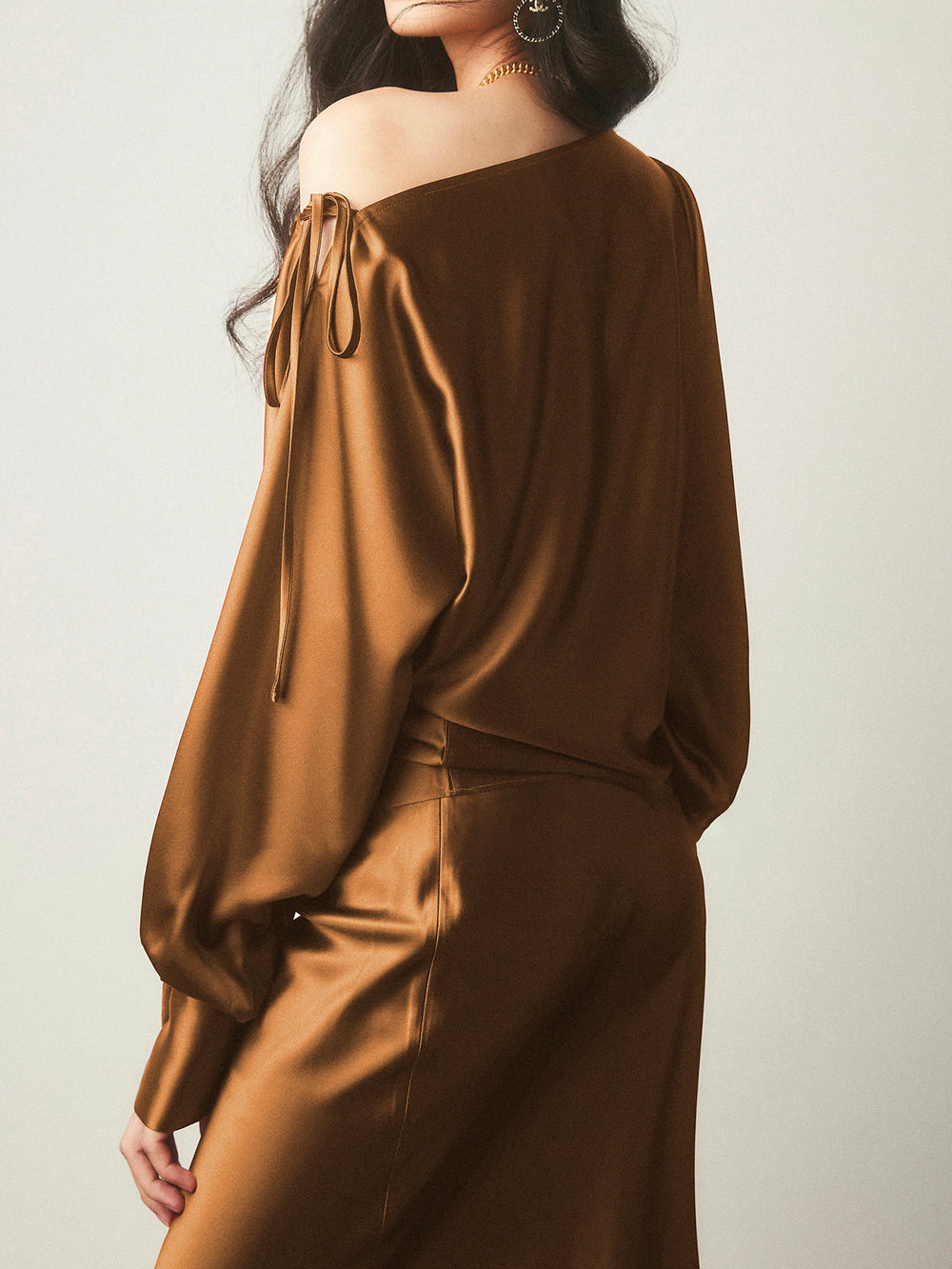 Satin Asymmetrical Cold Trendy Shoulder Tied Blouse Blouses