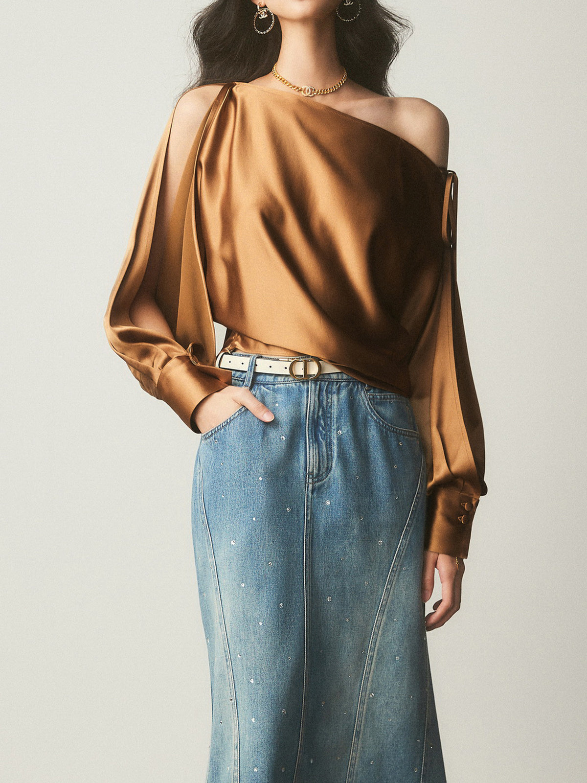 Satin Asymmetrical Cold Trendy Shoulder Tied Blouse