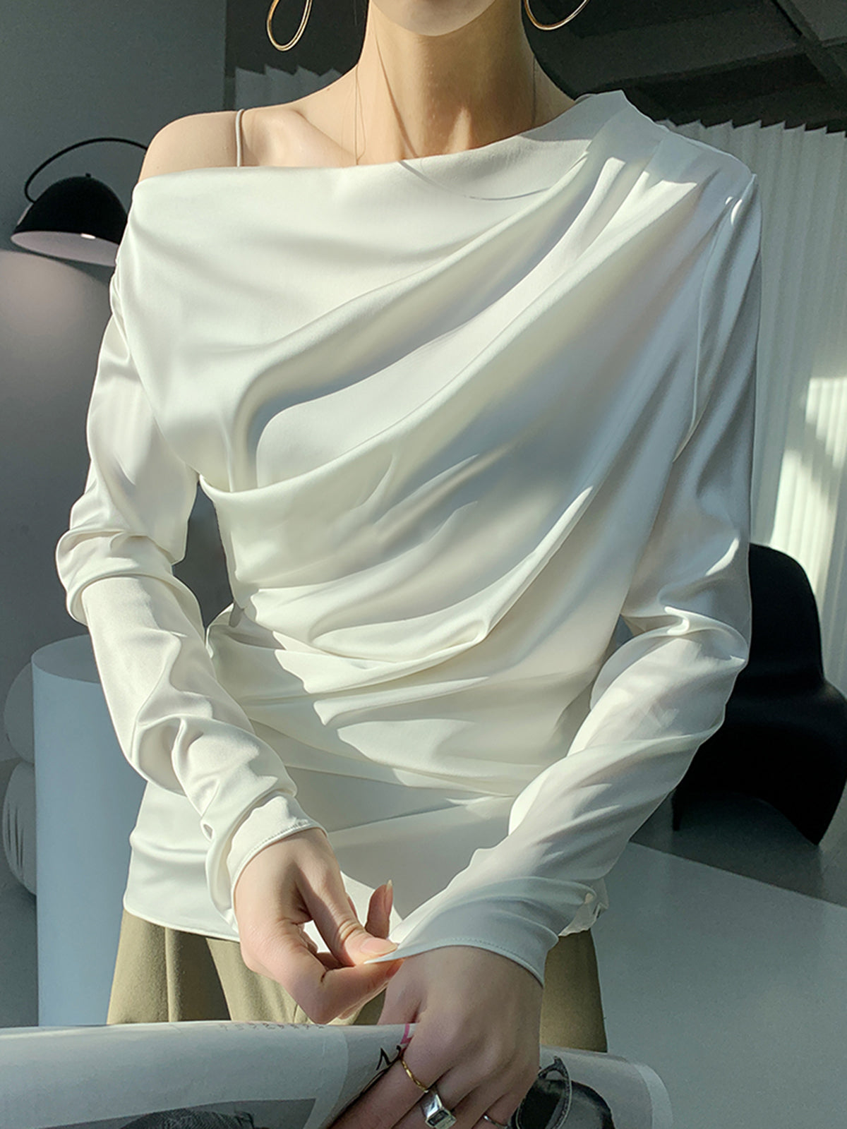 Satin Asymmetrical Off Trendy Shoulder Ruched Blouse