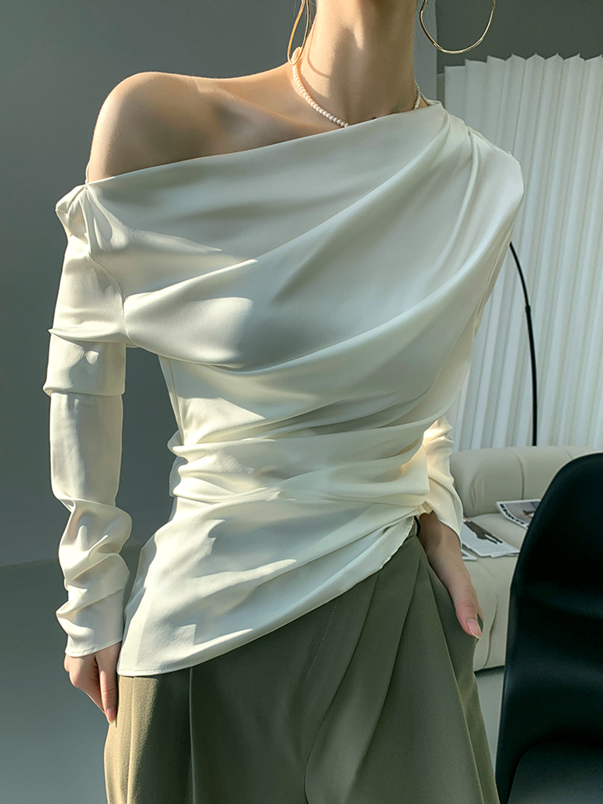 Satin Asymmetrical Off Trendy Shoulder Ruched Blouse