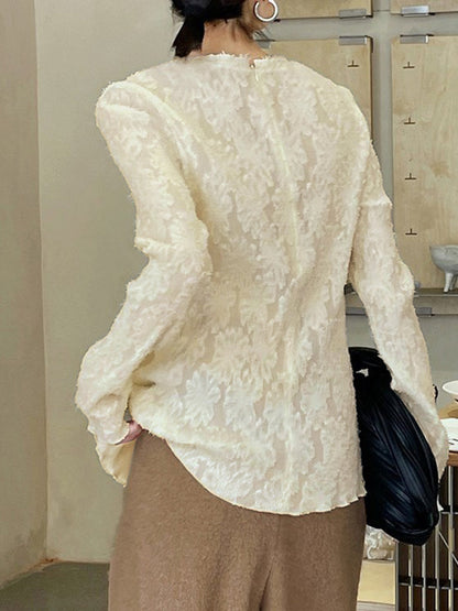 Semi-sheer Jacquard Lace Trendy Long Sleeve Split Top