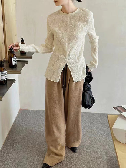 Semi-sheer Jacquard Lace Trendy Long Sleeve Split Top