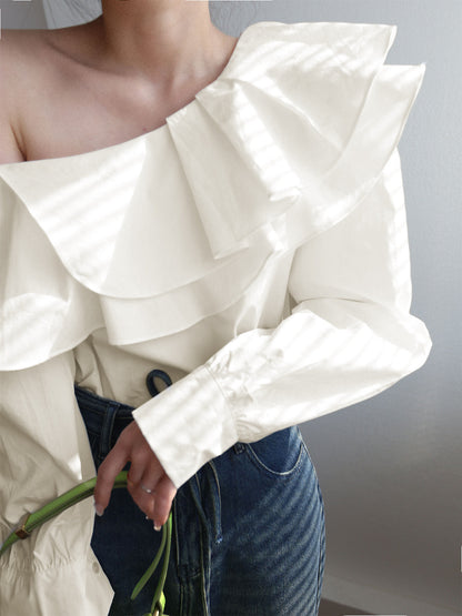 Ruffled Trim Asymmetric Trendy Off Shoulder Blouse