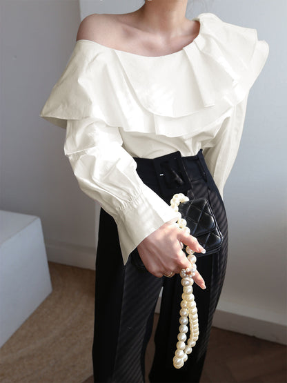 Ruffled Trim Asymmetric Trendy Off Shoulder Blouse