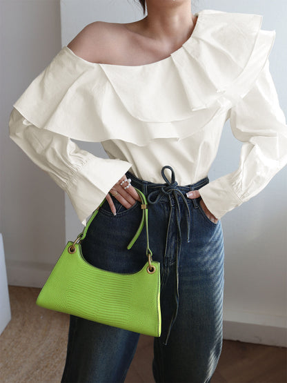 Ruffled Trim Asymmetric Trendy Off Shoulder Blouse