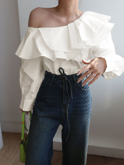 Ruffled Trim Asymmetric Trendy Off Shoulder Blouse