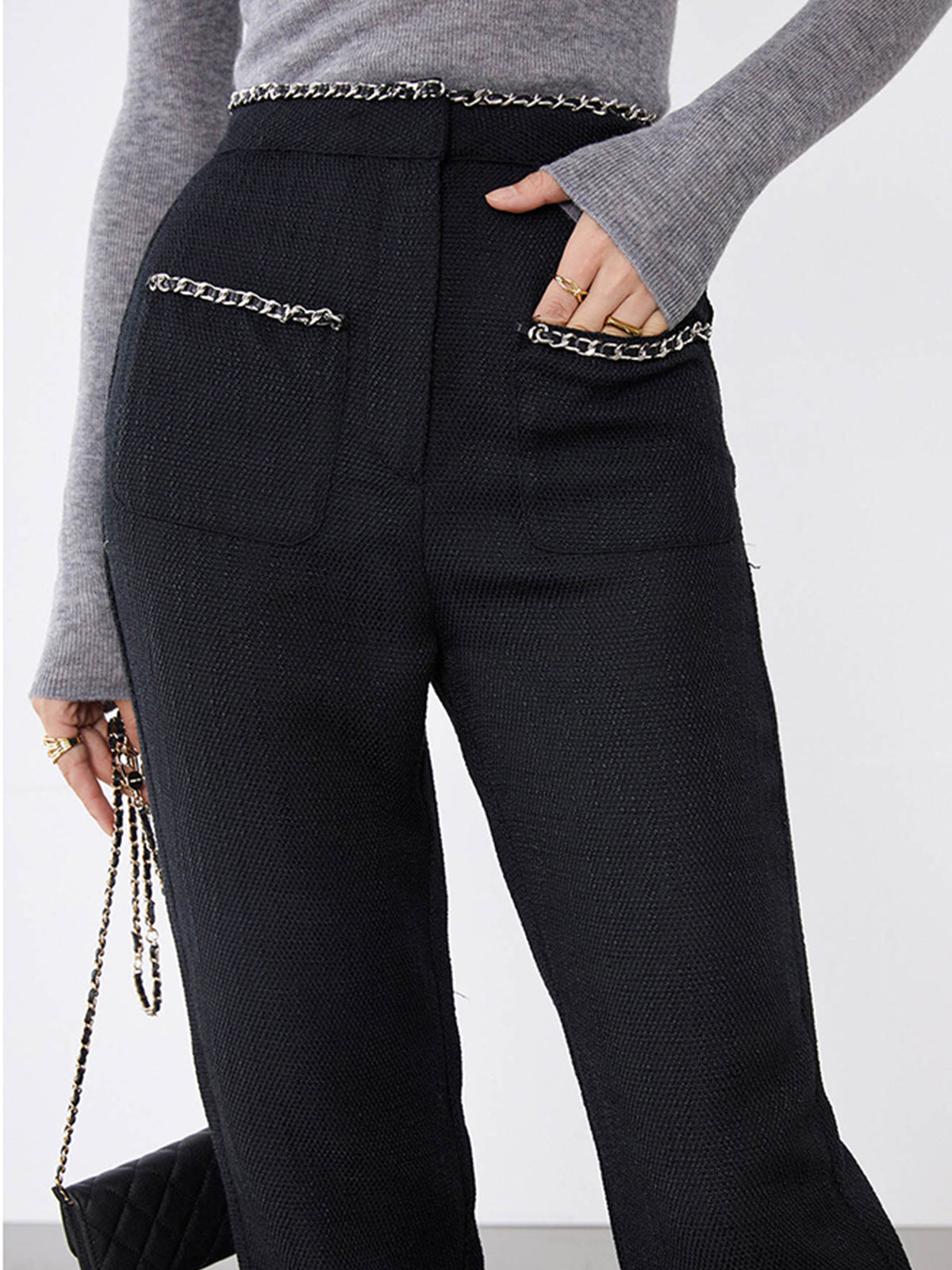 Tweed Contrast Trim Trendy Pocket Straight Leg Pants Secondary image