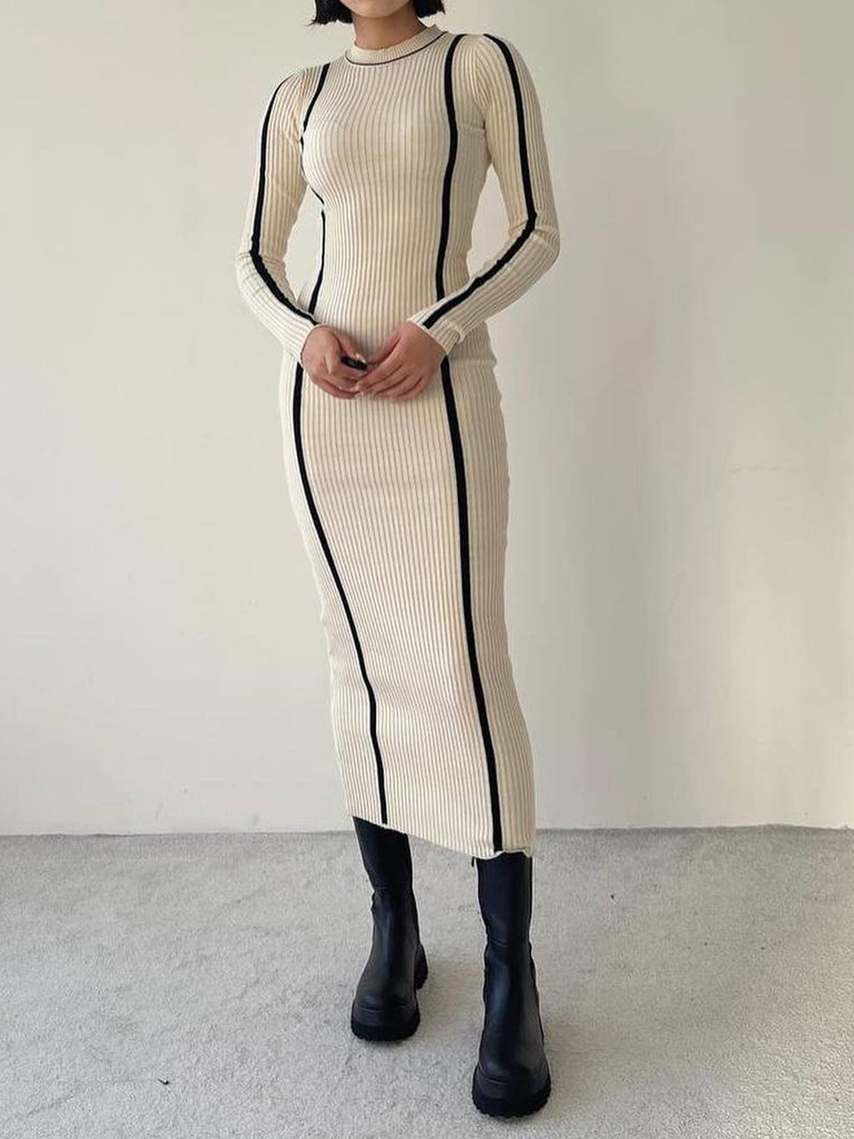 Crew Neck Contrast Trim Modern Long Sleeve Knit Midi Dress Secondary image