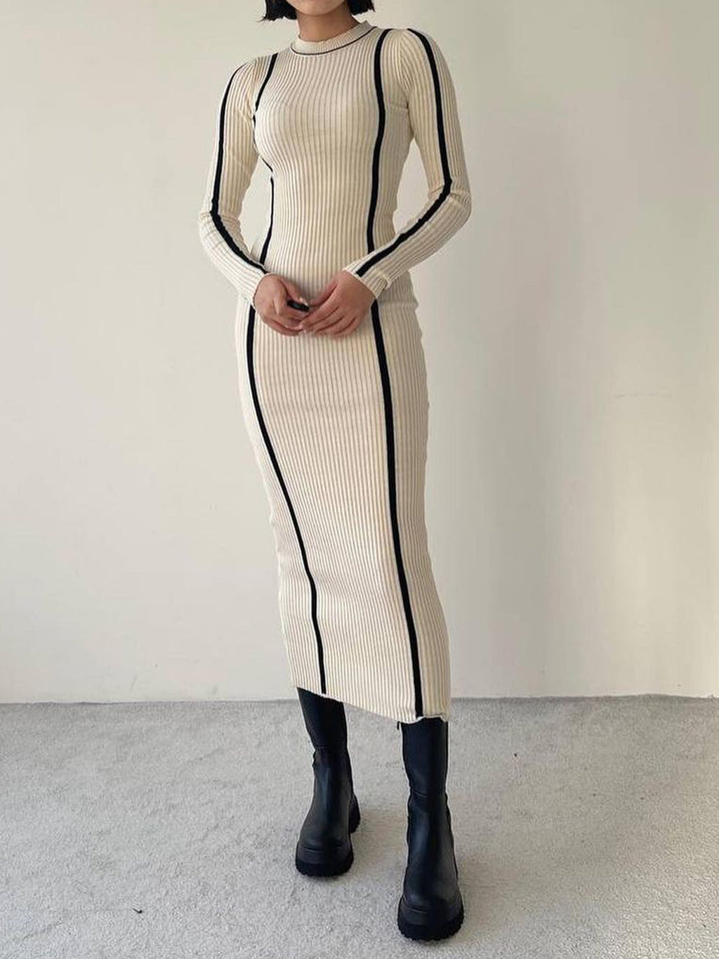 Crew Neck Contrast Trim Modern Long Sleeve Knit Midi Dress Sweaters L