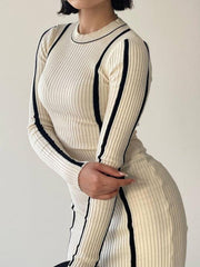 Crew Neck Contrast Trim Modern Long Sleeve Knit Midi Dress Sweaters L