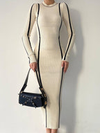 Crew Neck Contrast Trim Modern Long Sleeve Knit Midi Dress Sweaters L