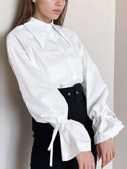 Solid Collar Tied Long Modern Sleeve Button Down Shirt