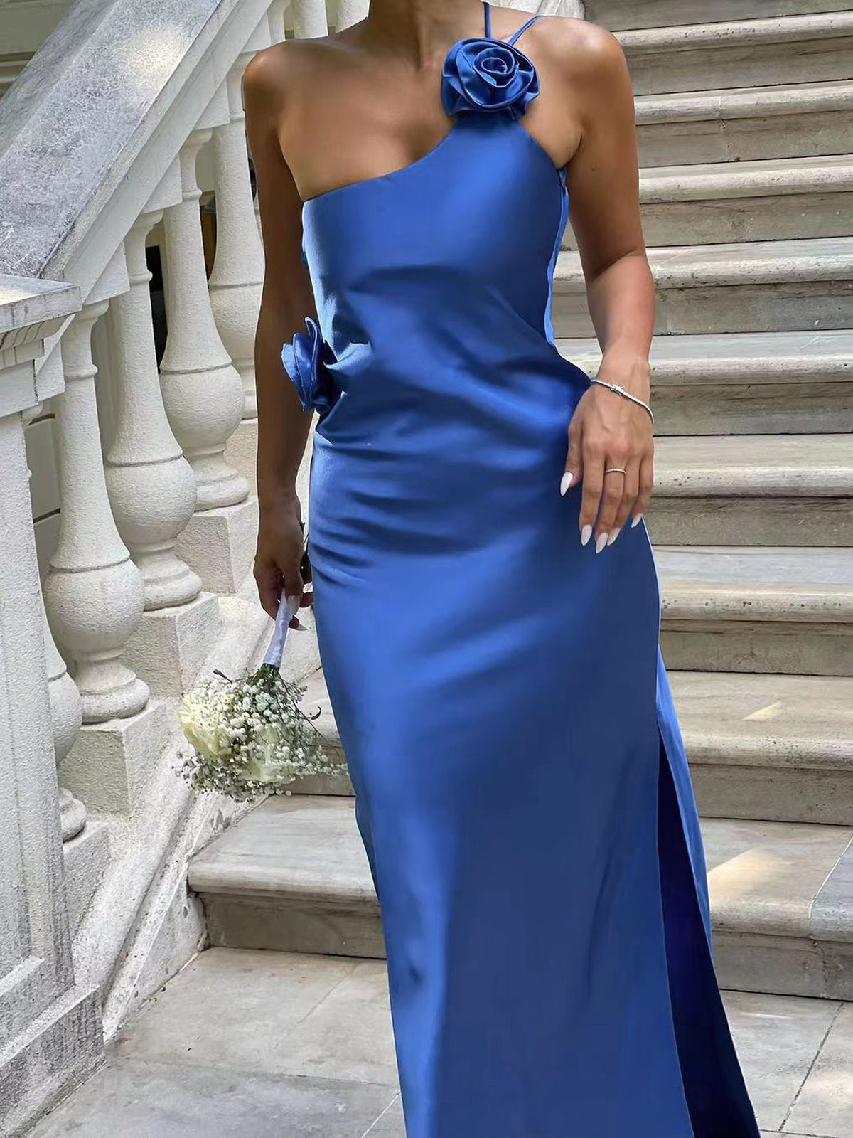 Satin Rose Decor Asymmetrical Modern Open Back Maxi Dress Party Dresses L