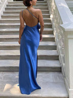 Satin Rose Decor Asymmetrical Modern Open Back Maxi Dress Party Dresses L