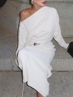 Asymmetrical Off Shoulder Solid Modern Long Sleeve Maxi Dress Dresses