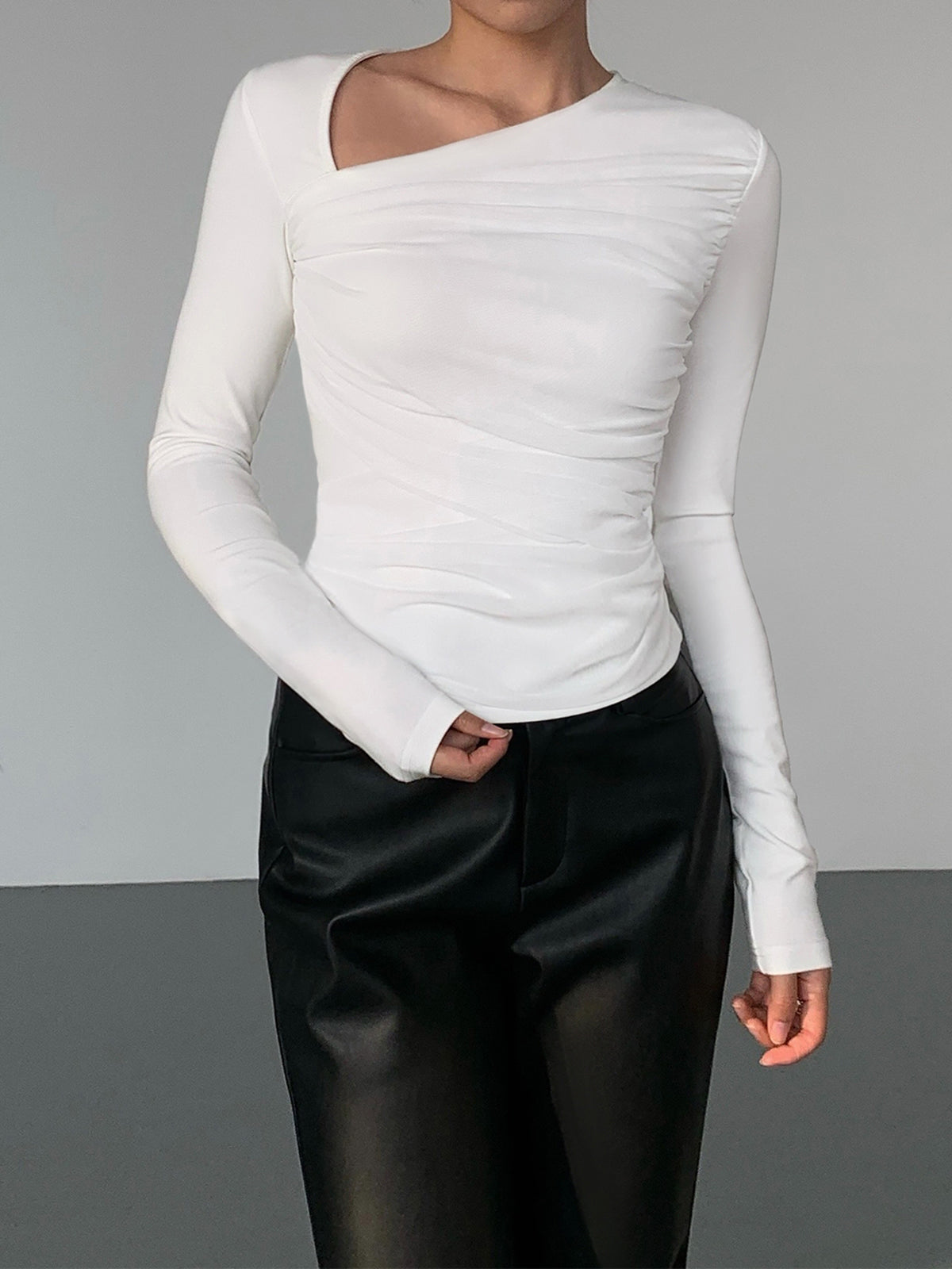 Asymmetrical Patchwork Ribbed Trendy Knit Ruched Mesh Top Secondary image